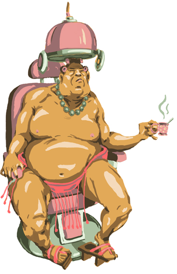 Sumo qui se fait un brushing en buvant son café
