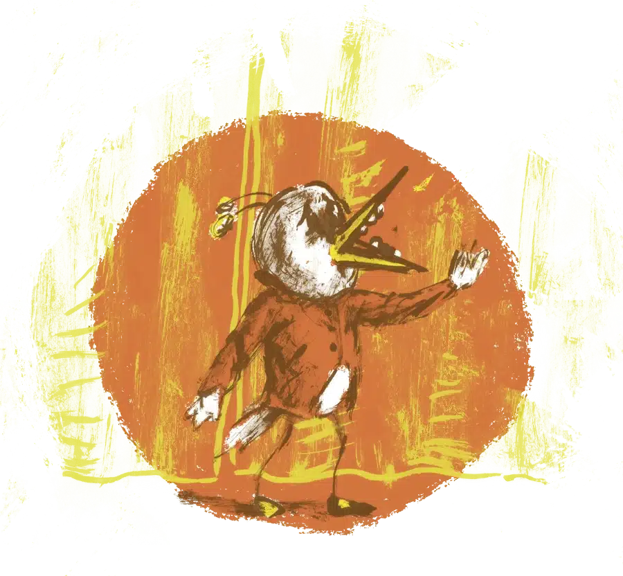 Personnage au long bec qui présente, illustration de Krel