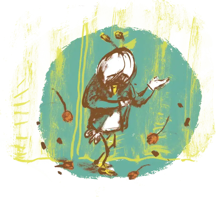 Personnage qui salue sous une pluie de fleurs, illustration de Krel