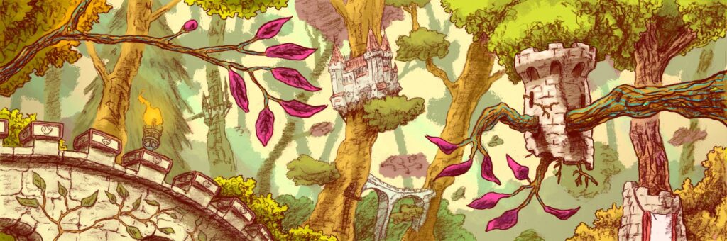 Décor du spectacle Le secret des elfes, Zot Compagnie – illustration de Krel