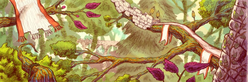 Décor du spectacle Le secret des elfes, Zot Compagnie – illustration de Krel